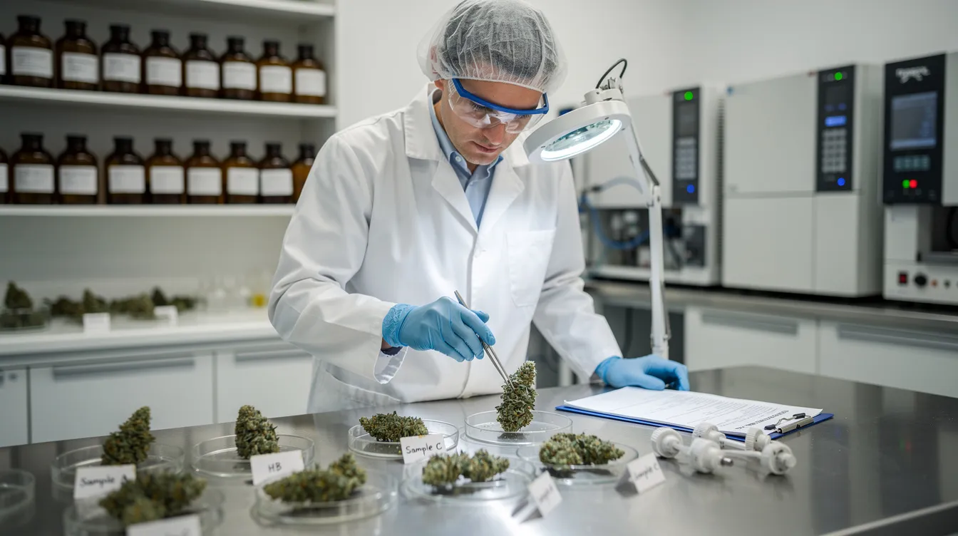 A laboratory technician is carefully examining cannabis flower samples under a microscope, assessing their quality for health testing. This evaluation is crucial for understanding the health risks associated with cannabis consumption, including potential respiratory issues linked to smoking or vaping marijuana.