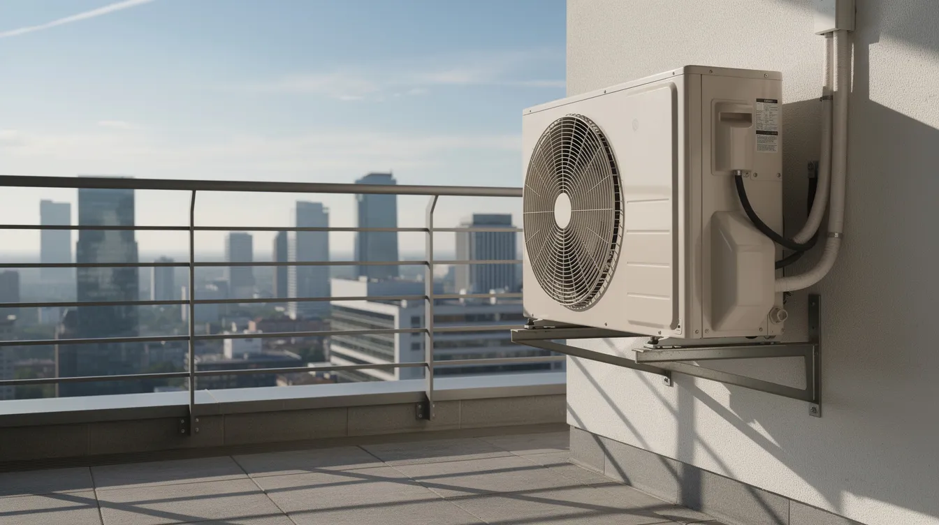 An outdoor air conditioning condenser unit, featuring inverter technology for energy efficiency, is mounted on a balcony with a stunning city skyline in the background. This inverter air conditioner is designed to provide efficient cooling while maintaining consistent temperatures, contributing to lower energy bills and quieter operation.