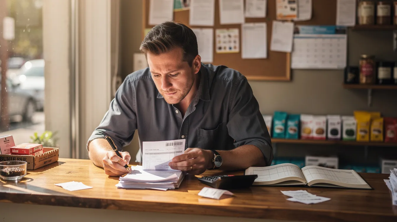 8b2cba49 d43a 4605 9563 ea6a77883c1e A small business owner is seated at a shop counter, meticulously reviewing paper documents related to their business operations, possibly including loan application forms for mudra loans or other financial assistance. The setting suggests a focus on managing cash flow and preparing necessary paperwork for securing funding from a bank or financial institution.