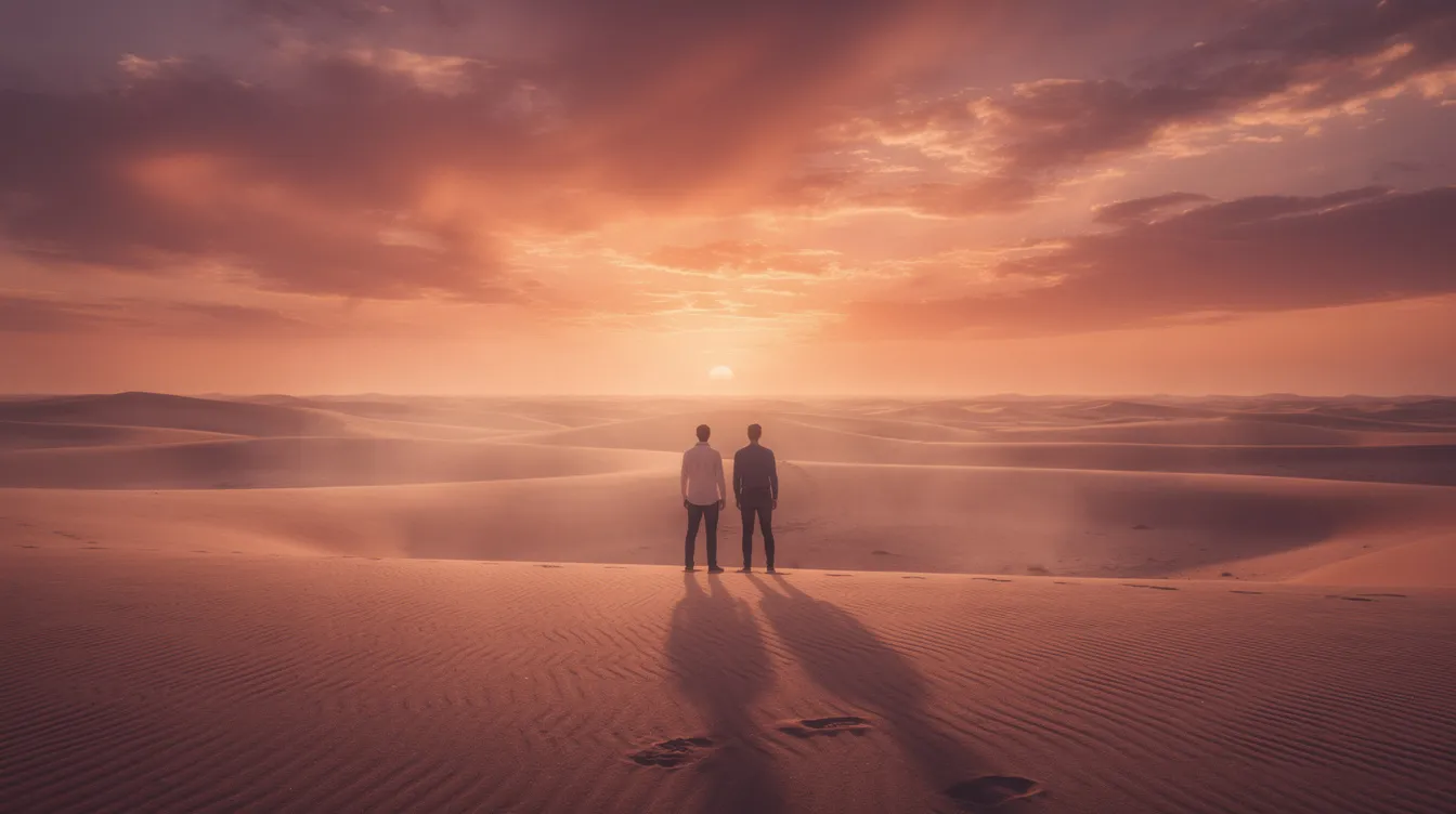 Zwei Figuren stehen Seite an Seite in einer weiten Wüstenlandschaft, während der Horizont in warmen Farben glüht und eine ungewisse Zukunft andeutet. Die Szenerie erinnert an die actionreiche Atmosphäre von "Mad Max: Fury Road" und vermittelt ein Gefühl von Abenteuer und Hoffnung in einer rauen Welt.
