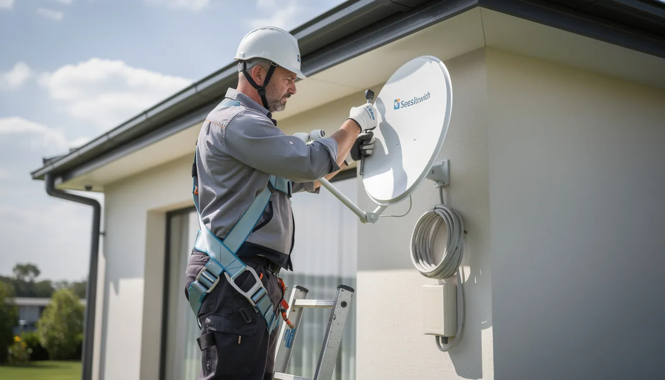 A professional technician is seen installing a satellite dish on the exterior wall of a building, showcasing the process of dstv installations. This scene highlights the importance of skilled technicians in providing reliable dstv installation services for optimal signal reception.
