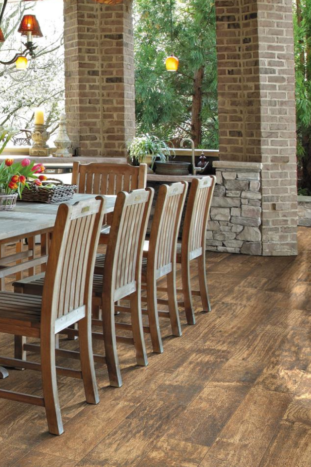 wood-look tile in outdoor dining space