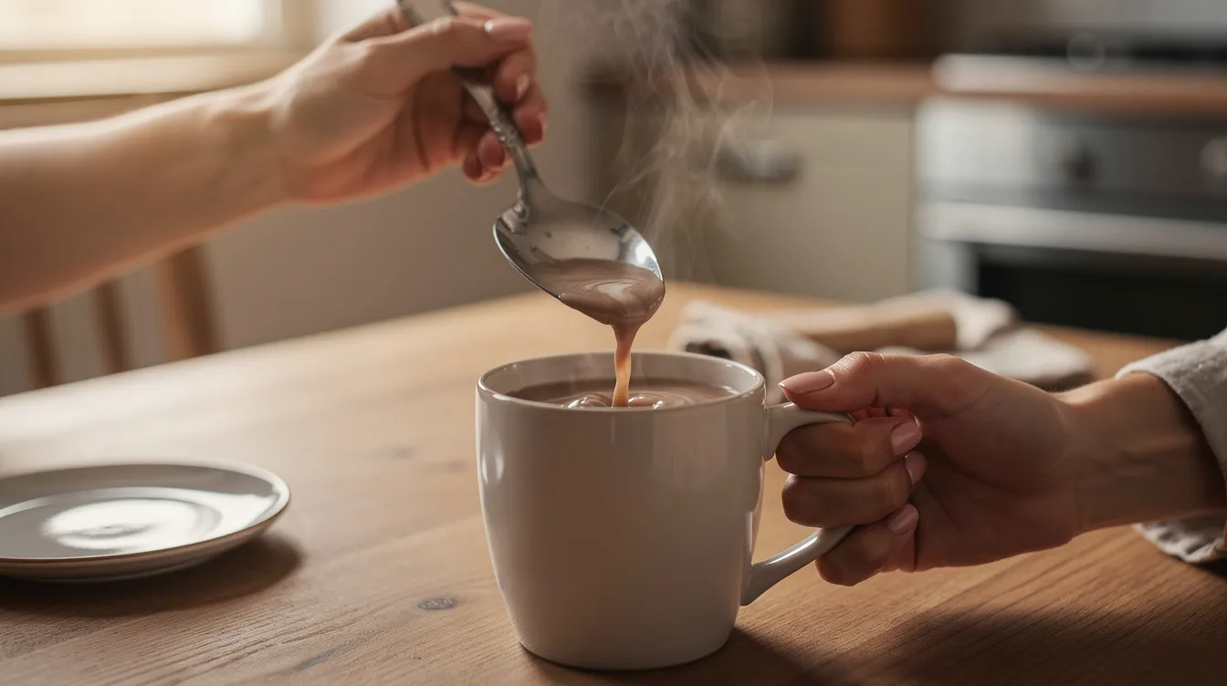 A person is stirring a warm drink, possibly tea or coffee, with a spoon at a kitchen table, highlighting a cozy moment. The scene suggests a focus on sweetening options, potentially featuring stevia sweeteners or other sugar alternatives for a healthier choice.