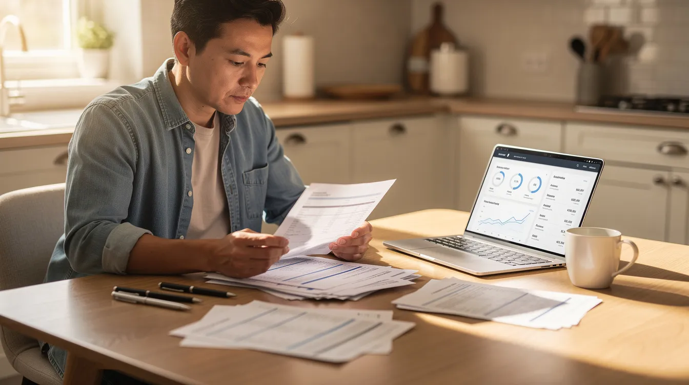The image shows a person sitting at a kitchen table, reviewing financial paperwork alongside a laptop. This scene suggests a focus on real estate investing, possibly involving hard money loans or rehab loans for renovation projects.