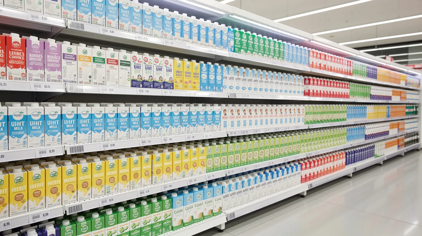 The image shows rows of neatly packaged UHT milk cartons on retail shelves in a modern supermarket, highlighting various dairy products available for consumers. This display reflects the market access for milk processing and the importance of efficient supply chains in the dairy industry.