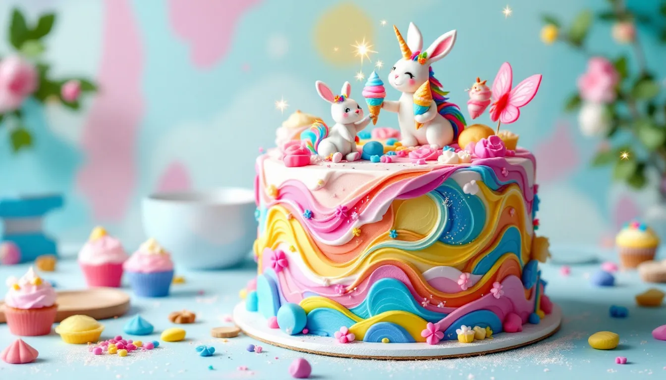 A themed birthday cake decorated with colorful fondant and fun designs.