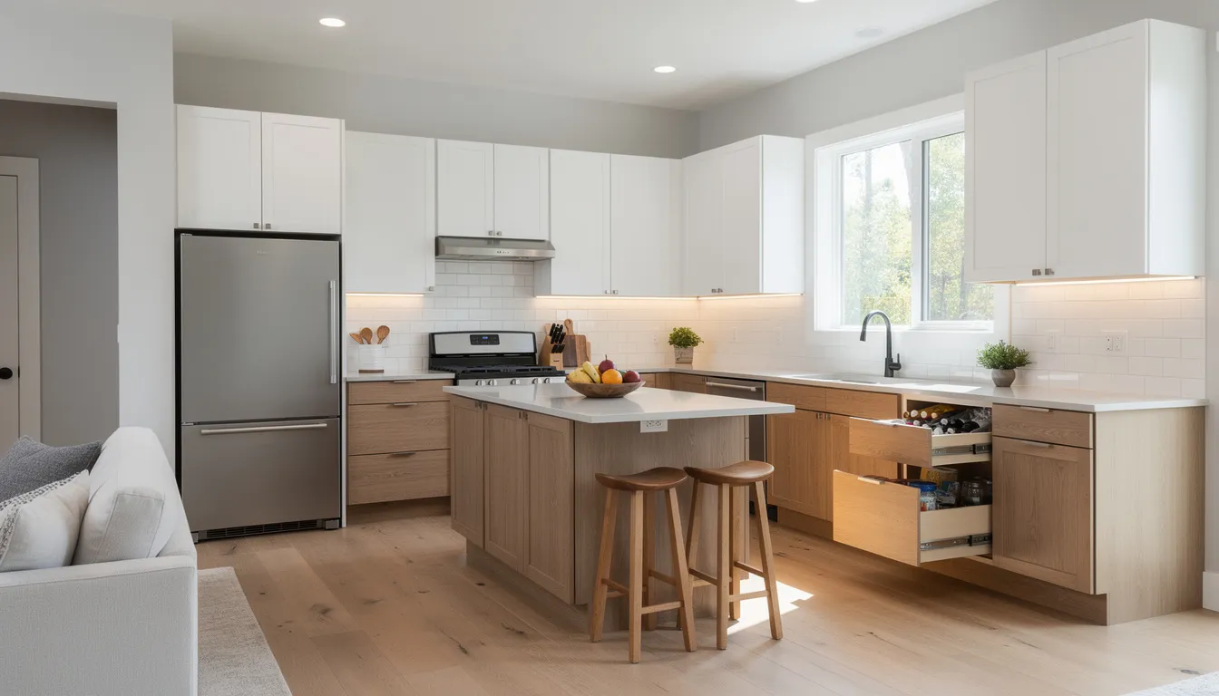 The image depicts a modern kitchen renovation that optimizes the layout within the existing footprint, showcasing a blend of natural materials and a functional furniture layout. Key features include sleek kitchen cabinets, recessed lighting, and abundant natural light, creating a warm and inviting space ideal for daily use.