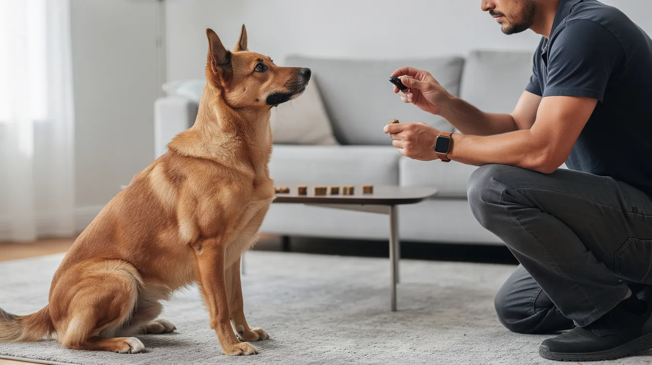 The image depicts a focused dog engaged in training with its owner, who is using a clicker as a marker tool to reinforce desired behaviors. The scene captures the essence of positive reinforcement in dog training, showcasing the bond between the dog and the trainer during a rewarding training session.