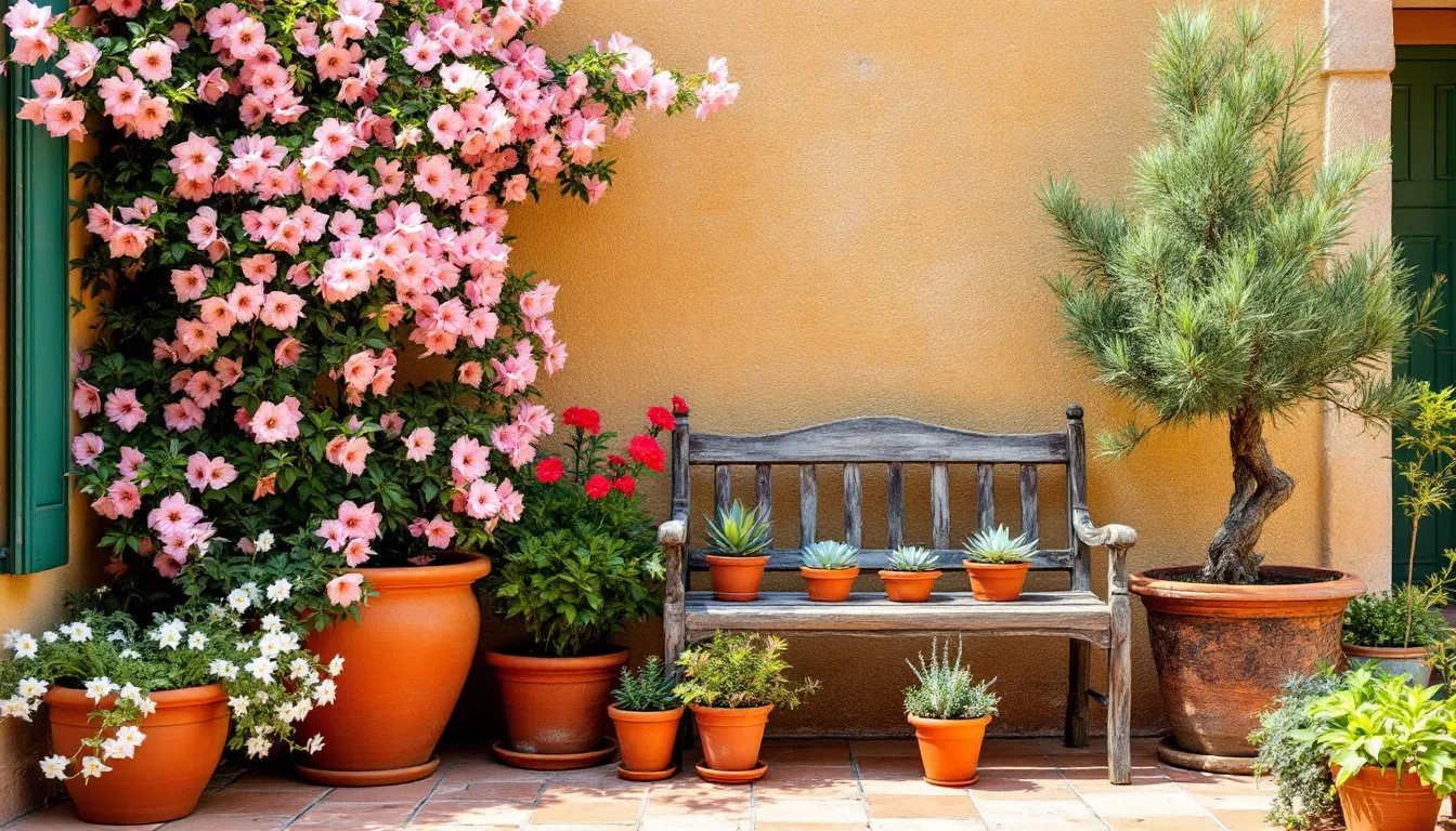 Rośliny do donic na taras całoroczne w pięknej aranżacji.