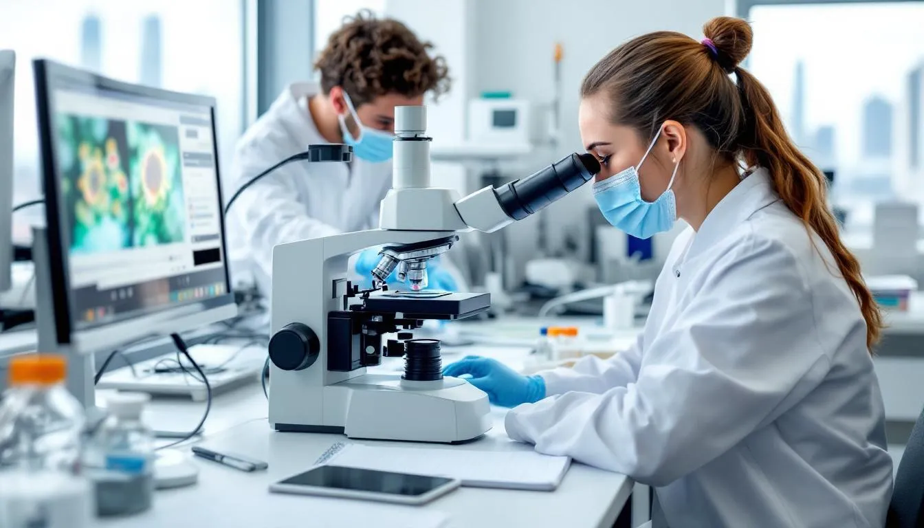 A healthcare worker is examining infectious disease samples under a microscope in a laboratory setting, focusing on identifying various pathogens that can cause severe illnesses such as bacterial infections and viral infections. This critical work by an infectious disease specialist aids in the diagnosis and treatment of common infectious diseases, contributing to disease control and prevention efforts.
