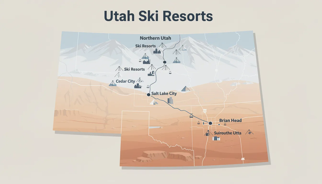 This illustrated map highlights the various ski resorts in Northern Utah, including popular destinations near Salt Lake City like Park City Mountain Resort and Deer Valley, as well as Southern Utah resorts near Cedar City and Brian Head, showcasing their proximity to winter activities and the best ski resorts in the region. The map serves as a guide for planning an unforgettable ski vacation in Utah, renowned for its fresh powder and world-class terrain.