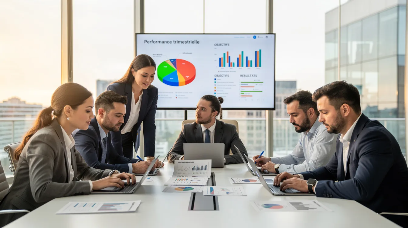 Une équipe de direction est réunie autour d'une table de travail, examinant des graphiques de performance affichés sur un écran. Cette image illustre la stratégie de croissance d'une entreprise, mettant l'accent sur l'analyse des résultats et l'élaboration de plans d'action pour atteindre des objectifs de développement.
