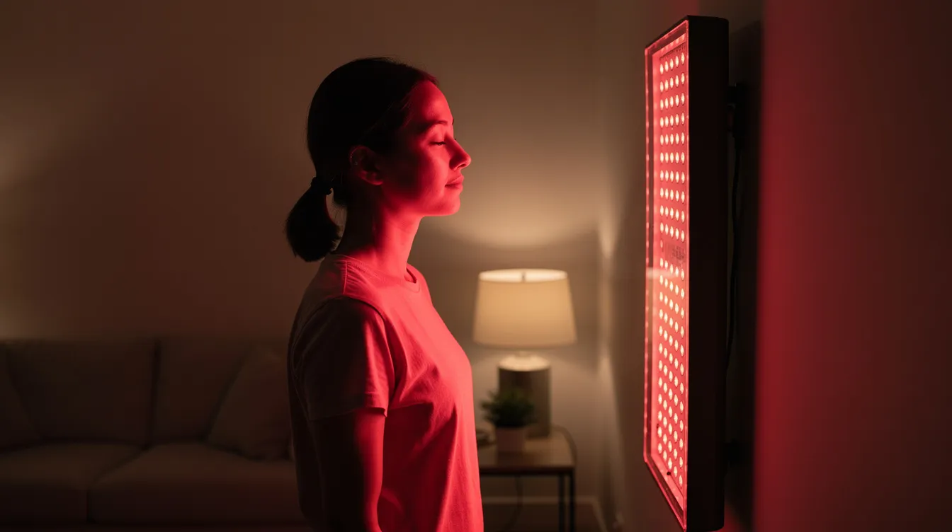A person stands in front of a red light therapy panel in a cozy home environment, highlighting the use of light therapy for enhancing skin health and promoting mitochondrial function. This practice is part of a broader approach to longevity protocols aimed at improving overall well-being and reducing inflammation.