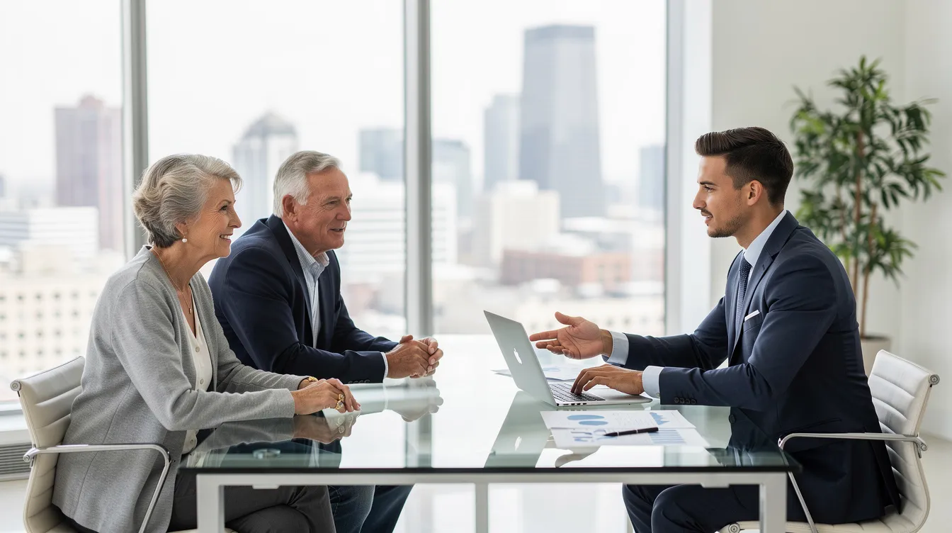 An older couple is engaged in a discussion with a financial advisor in a modern office setting, focusing on topics like estate planning and tax implications of annuity contracts. The advisor is providing professional guidance on tax deferral benefits and the potential for steady income streams through trust-owned annuities.
