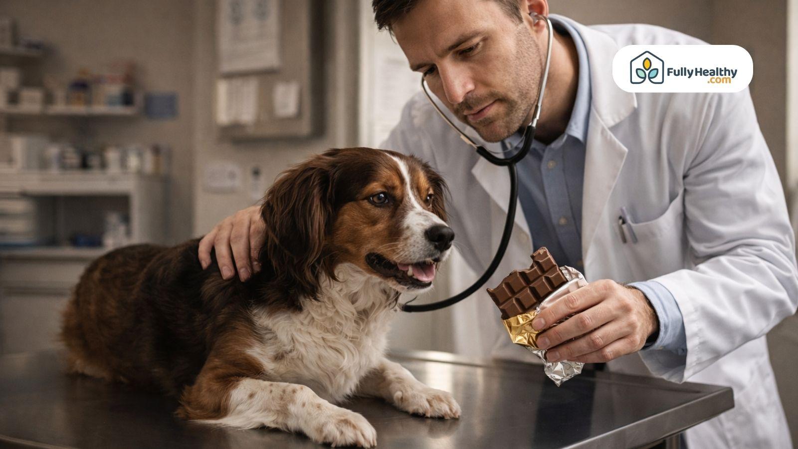 Veterinarian examining dog with chocolate bar in clinic setting close up