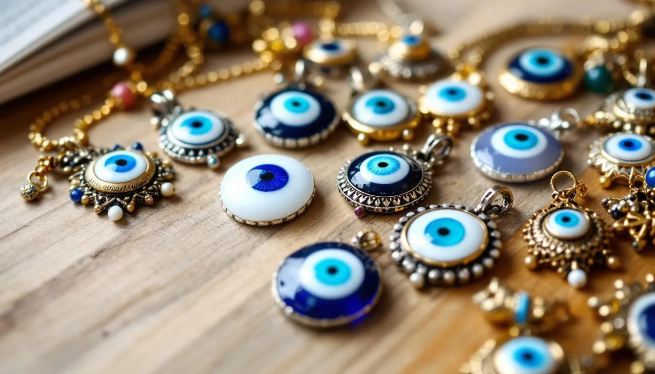 The image showcases a variety of evil eye pendants, each featuring unique designs and colors that symbolize protection against evil spirits and negative energy. These eye necklaces are crafted from different materials, making them perfect gifts for friends or loved ones who appreciate jewelry with cultural significance.