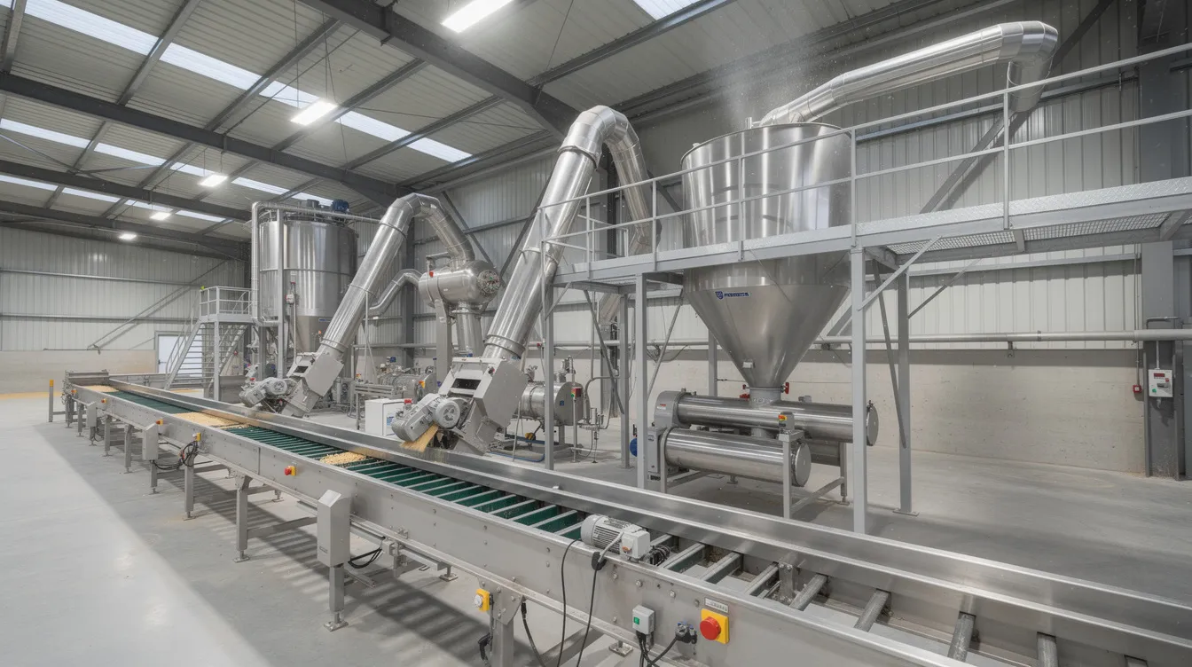 8b377971 c5ff 454c afb0 a590c0ba6ef0 The image depicts an industrial setting featuring advanced pulse processing equipment, including conveyor systems and metal hoppers, essential for the dal mill business. This setup highlights the operational efficiency and production capacity needed to meet the rising demand for processed pulses in the market.