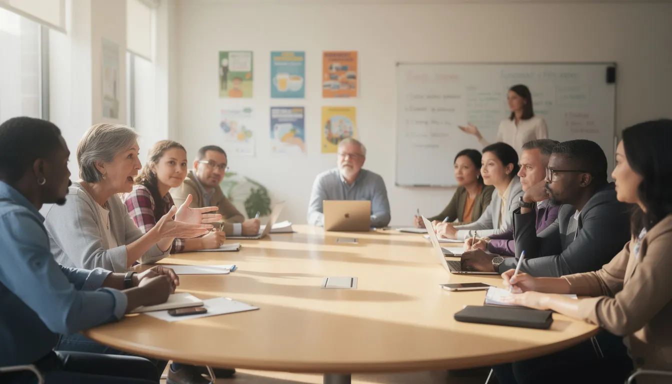 The image shows a diverse group of individuals engaged in a lively discussion at a community meeting, likely focused on topics such as medical marijuana access and recreational marijuana legalization in Massachusetts. Participants appear to be sharing ideas and opinions on the ballot initiative process and sensible marijuana policy, reflecting the community's interest in shaping cannabis policy and regulations.