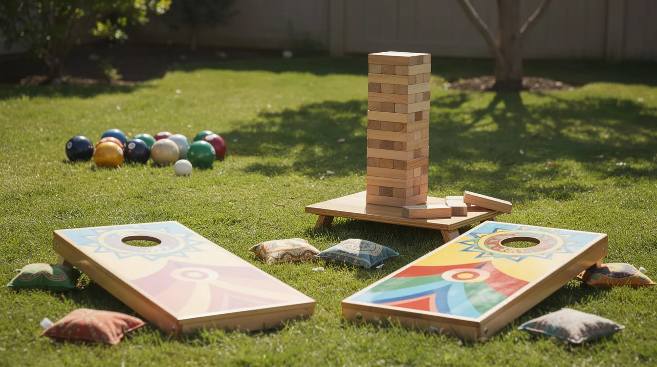 A vibrant setup of backyard games is arranged on lush green grass, featuring colorful cornhole boards, a towering giant Jenga, and neatly placed bocce balls, perfect for an outdoor party or summer gathering with friends and family. This lively scene invites fun and entertainment for guests of all ages.