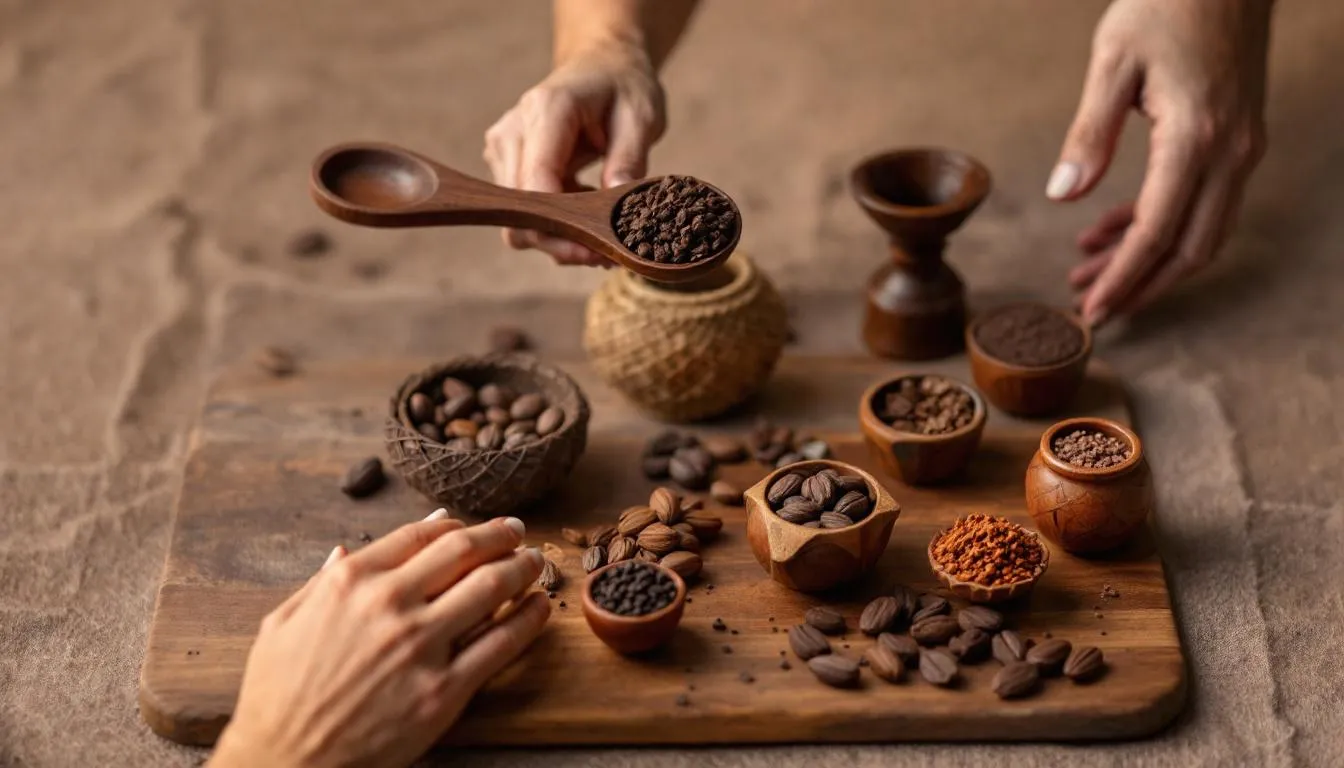 A person examining different types of ceremonial cacao products.