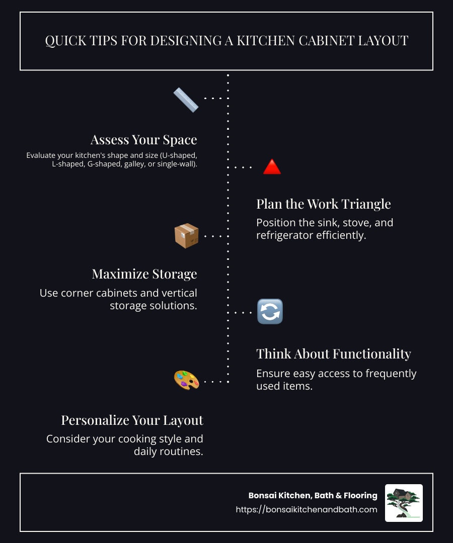 Infographic detailing the quick tips on creating a kitchen cabinet layout including assessing space, planning work triangle, maximizing storage, and personalizing the layout - how to design a kitchen cabinet layout infographic infographic-line-5-steps-dark