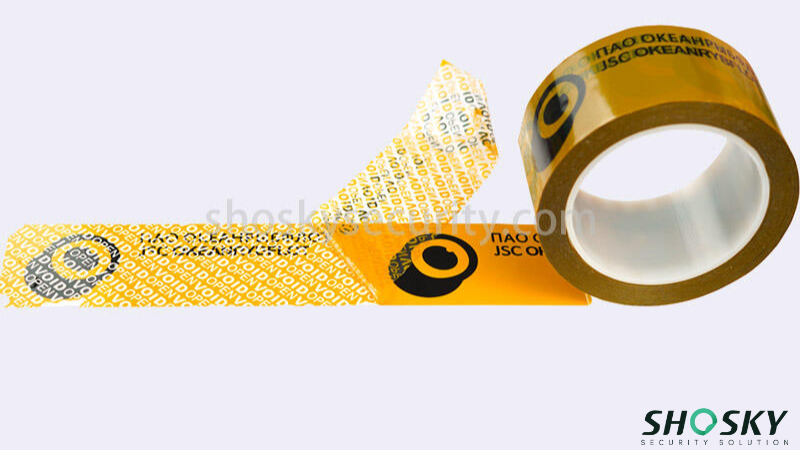 Yellow tape with black logo and hidden VOID message for tamper detection