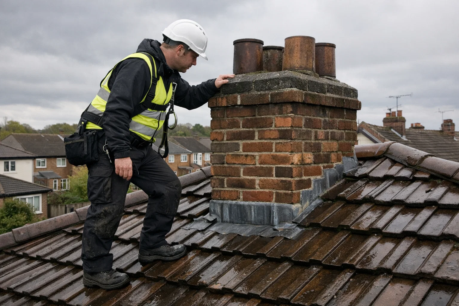 Roofer inspecting chimney stack on damp roof tiles after rain in the UK.