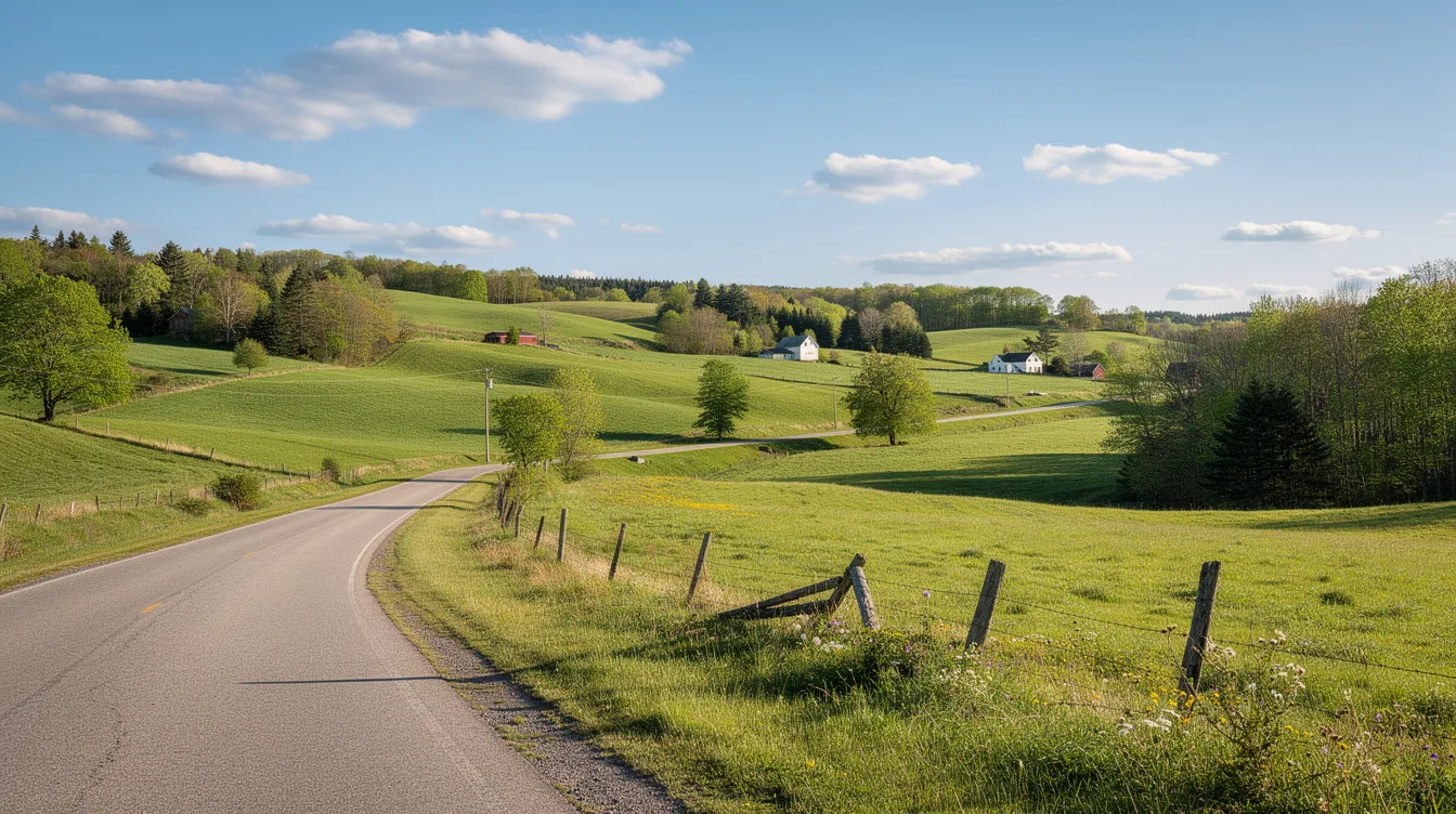 The image depicts a wide-angle view of a serene New Hampshire rural landscape, characterized by rolling green hills and a winding road that leads through the tranquil scenery. This picturesque setting reflects the natural beauty of the region, where local laws regarding hemp products and the legal status of cannabis can influence the community.