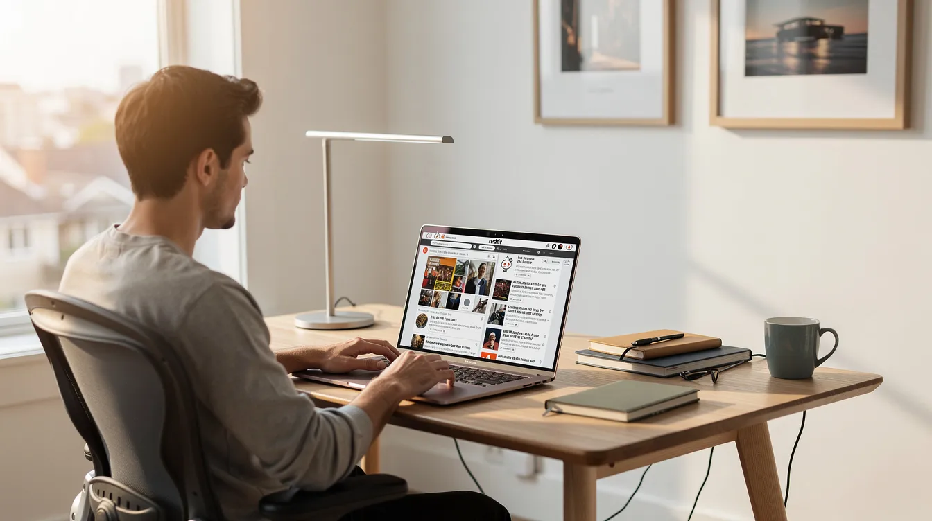 A person is sitting at a modern home office desk, browsing Reddit on a laptop, with natural light streaming in from a nearby window. The scene reflects a focus on online engagement, possibly exploring topics related to local SEO and Reddit threads that can enhance brand visibility.