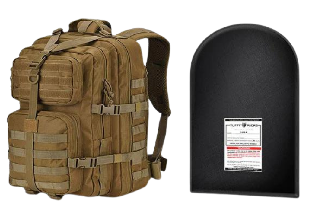 Military Tactical Backpack and IIIA Bulletproof Armor Plate Package in tan