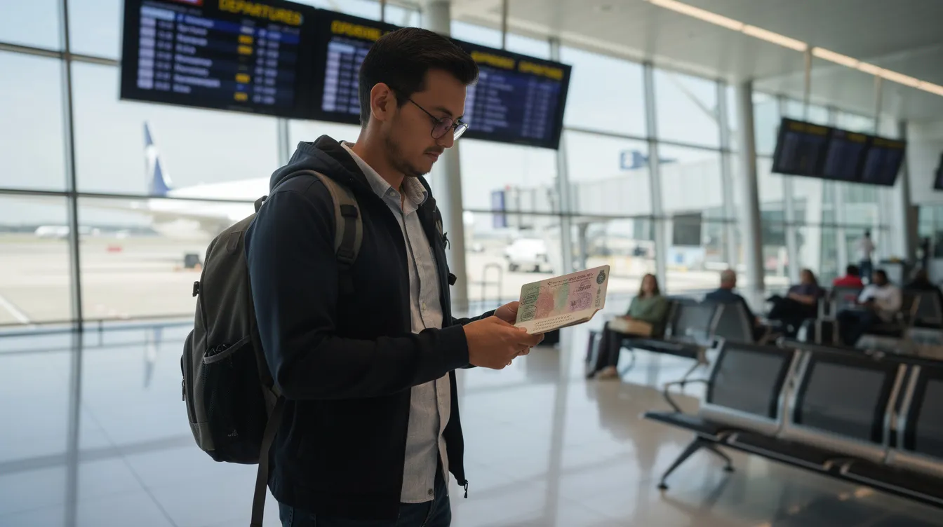 A traveller is standing at an airport departure gate, carefully checking their passport that features a visa sticker, ensuring all documents are valid for their upcoming journey. This moment reflects the essential visa process and preparation for international travel, highlighting the importance of having all requirements in order before the intended travel date.