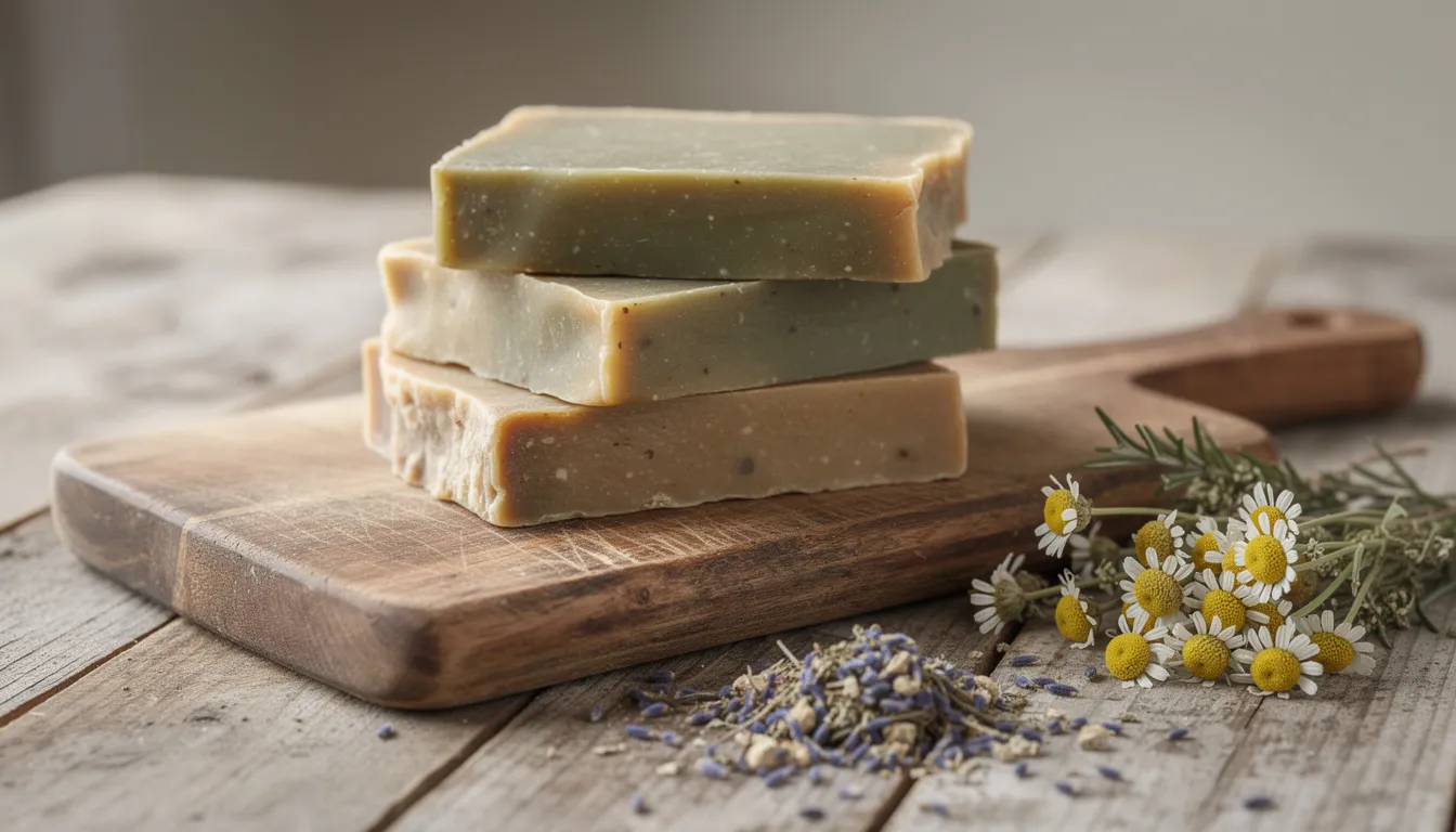 The image showcases rustic handmade soap bars stacked neatly on a wooden cutting board, accompanied by dried herbs, emphasizing the natural ingredients used in the soap making process. This scene evokes a sense of traditional craftsmanship, perfect for those seeking a gentle, fragrance-free option for sensitive skin.