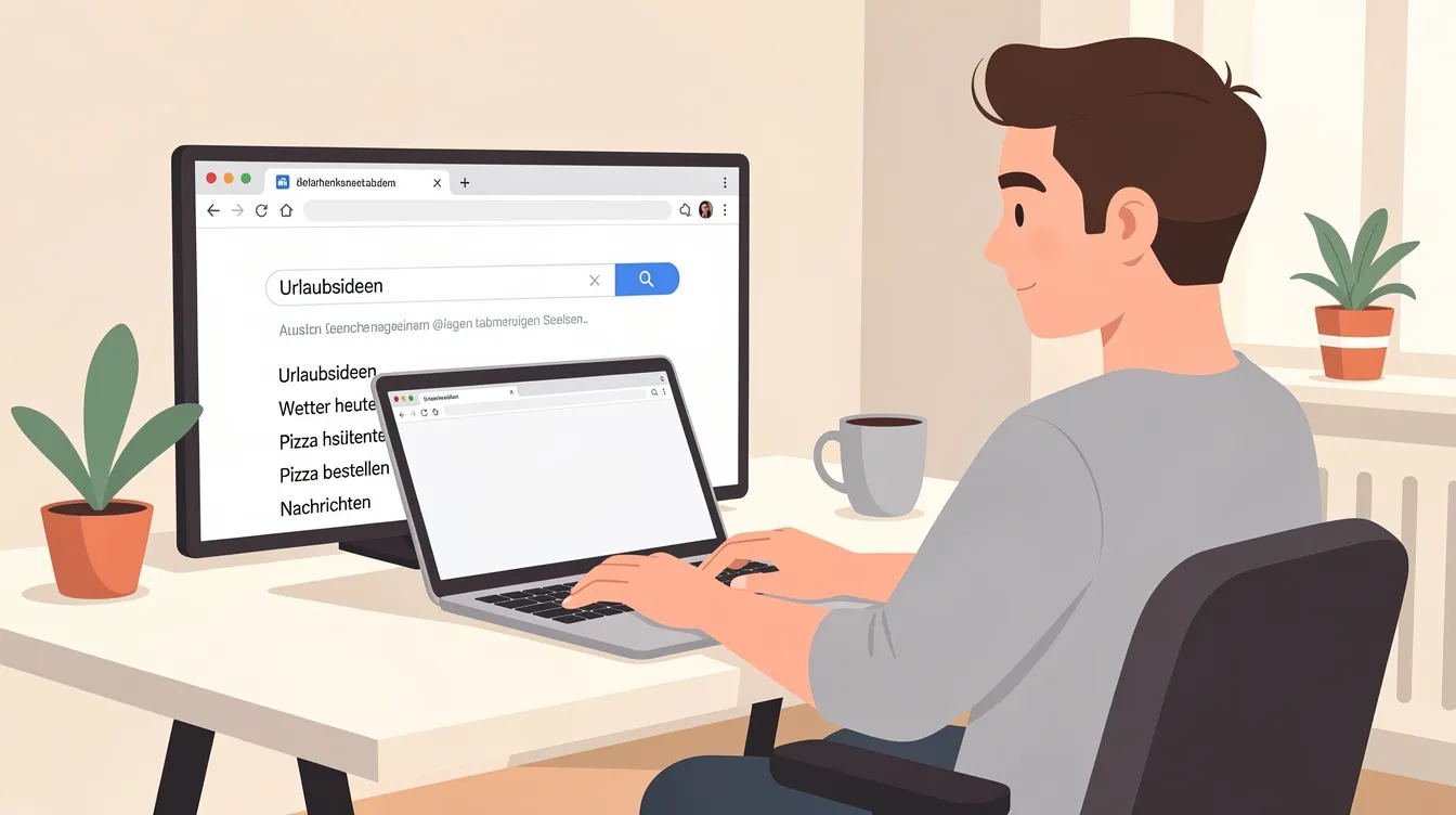 Die Illustration zeigt eine Person, die auf einem Laptop verschiedene Suchanfragen in eine Suchmaschine eingibt. Auf dem Bildschirm sind Ergebnisse und Informationen zu sehen, die auf die eingegebenen Suchbegriffe abgestimmt sind, was die Nutzung von Suchmaschinen und deren Relevanz verdeutlicht.