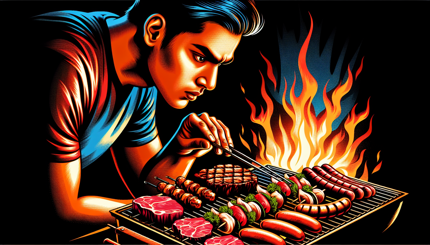 A person cooking a variety of meat on a grill