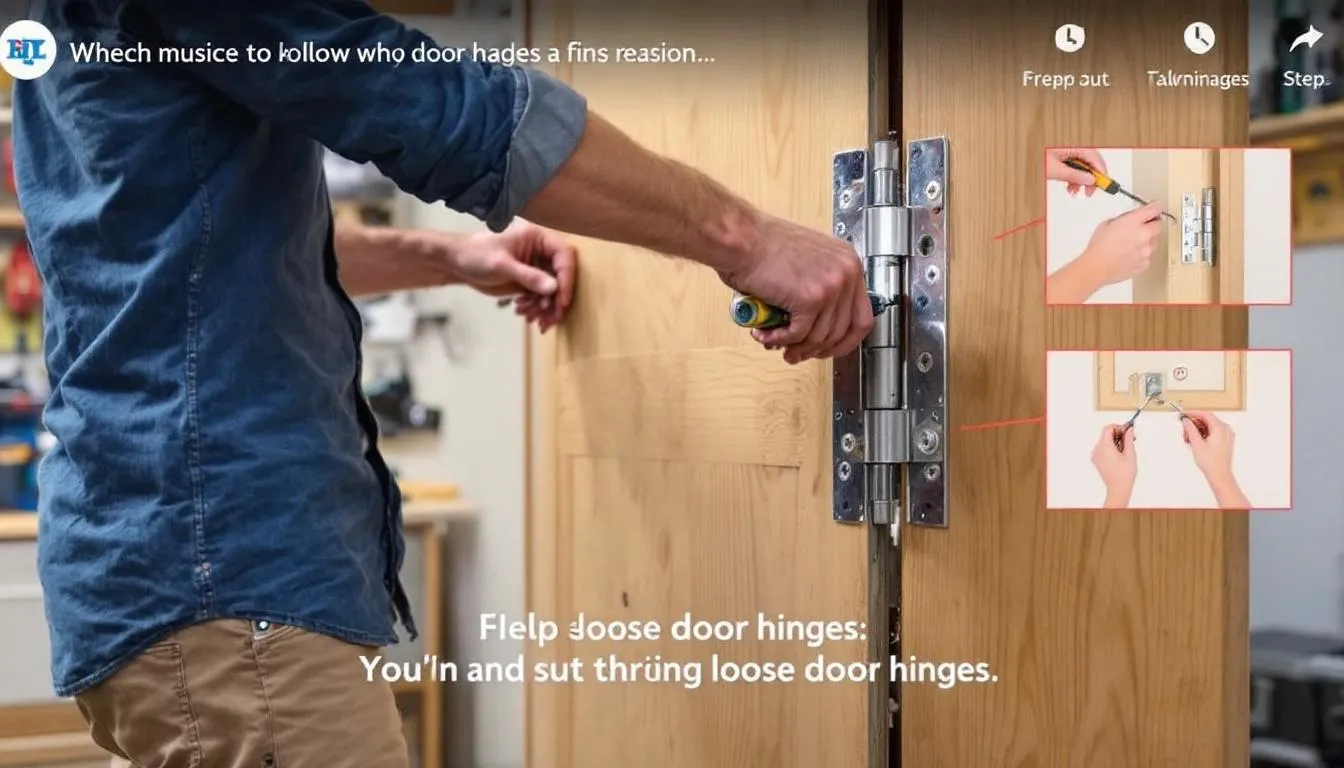 A person tightening loose hinges on a door that won't stay closed.