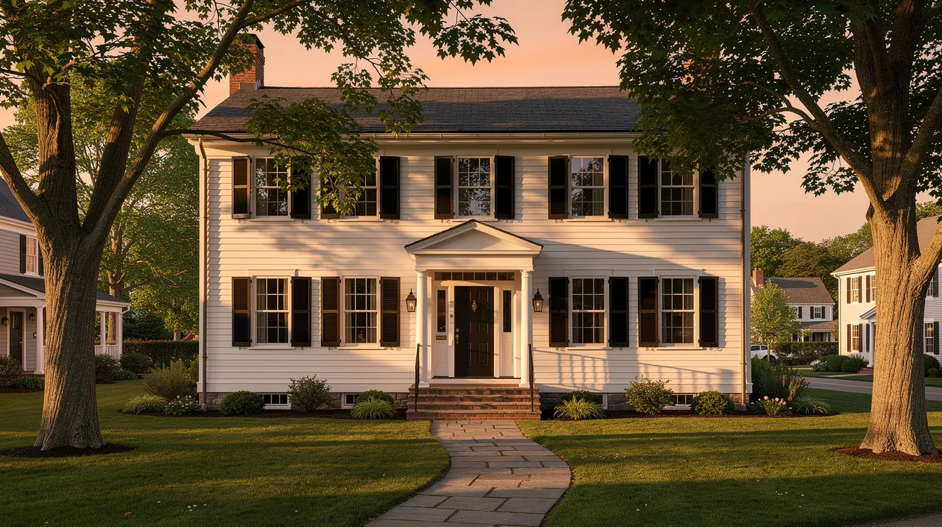 The image depicts a historic New England colonial home with white siding nestled among mature trees, accompanied by a stone walkway illuminated by warm evening light, set in a quiet residential neighborhood. This charming scene reflects the essence of Connecticut living, where outdoor space and a slower pace of life are cherished.