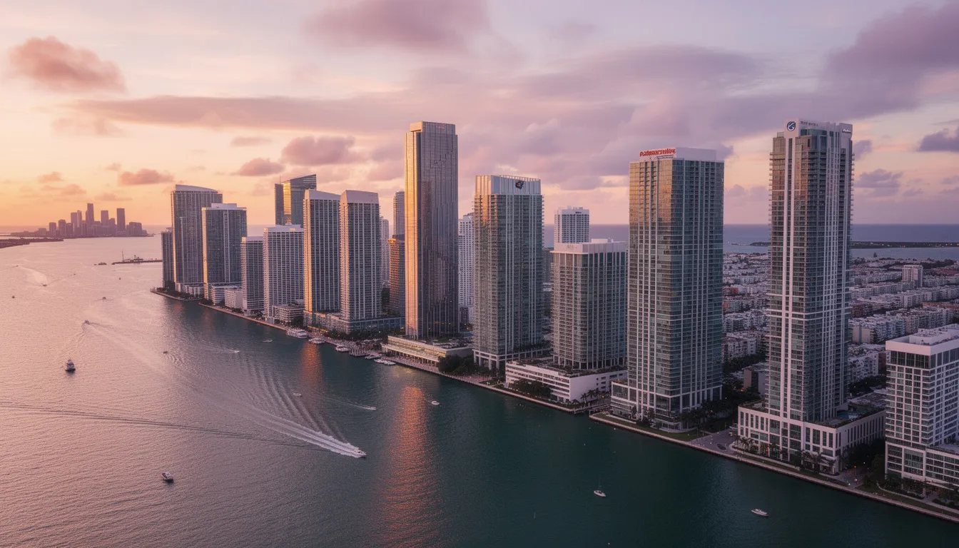 An aerial view of Miami's Brickell skyline showcases modern glass towers lining the waterfront, bathed in the warm hues of a sunset. This vibrant scene highlights Miami's status as a fast-growing city and a prime location for real estate investment, attracting young professionals and investors alike.