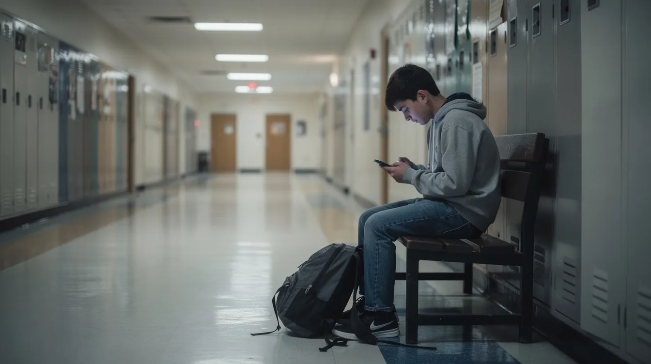 A teenager sits alone on a bench in a school hallway, looking down at their phone, with an empty corridor stretching behind them. This image reflects the mental health challenges faced by students, highlighting the importance of emotional well-being and support in educational environments.