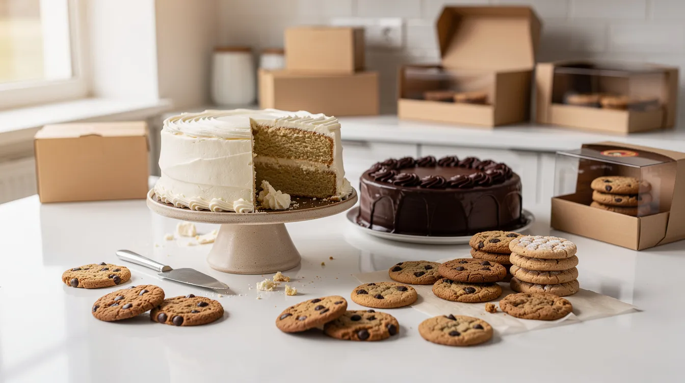 8b4d7b63 4b9f 4791 a80f b8947b791170 The image displays an assortment of freshly baked cakes and cookies arranged neatly on a clean kitchen counter, accompanied by various packaging boxes, suggesting potential business ideas for women entrepreneurs interested in starting a home-based bakery. This setup highlights the appeal of low investment opportunities in the food business, perfect for those looking to create their own successful venture.
