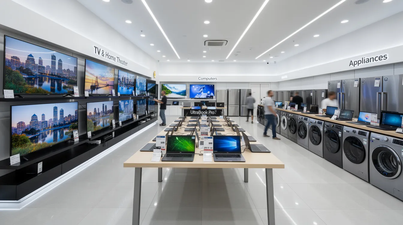 The image depicts the interior of a modern electronics retail store, showcasing rows of televisions, laptops, and home appliances from major brands. Customers can explore various tech products and essentials while enjoying a spacious and well-organized shopping environment.