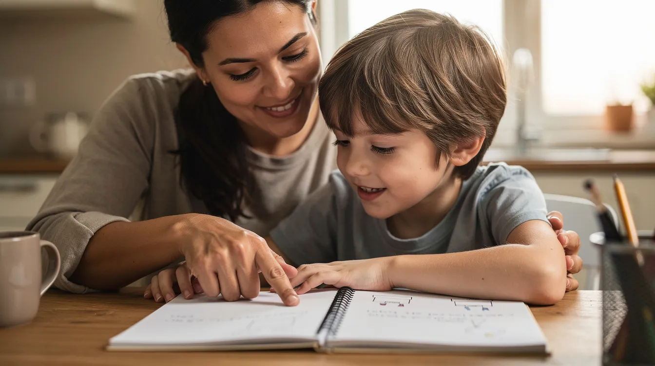 A parent and child are sitting together at a table, with the parent smiling and pointing at a notebook, while the engaged child listens attentively. This scene highlights the importance of family support in developing cognitive abilities and memory skills during homework sessions.