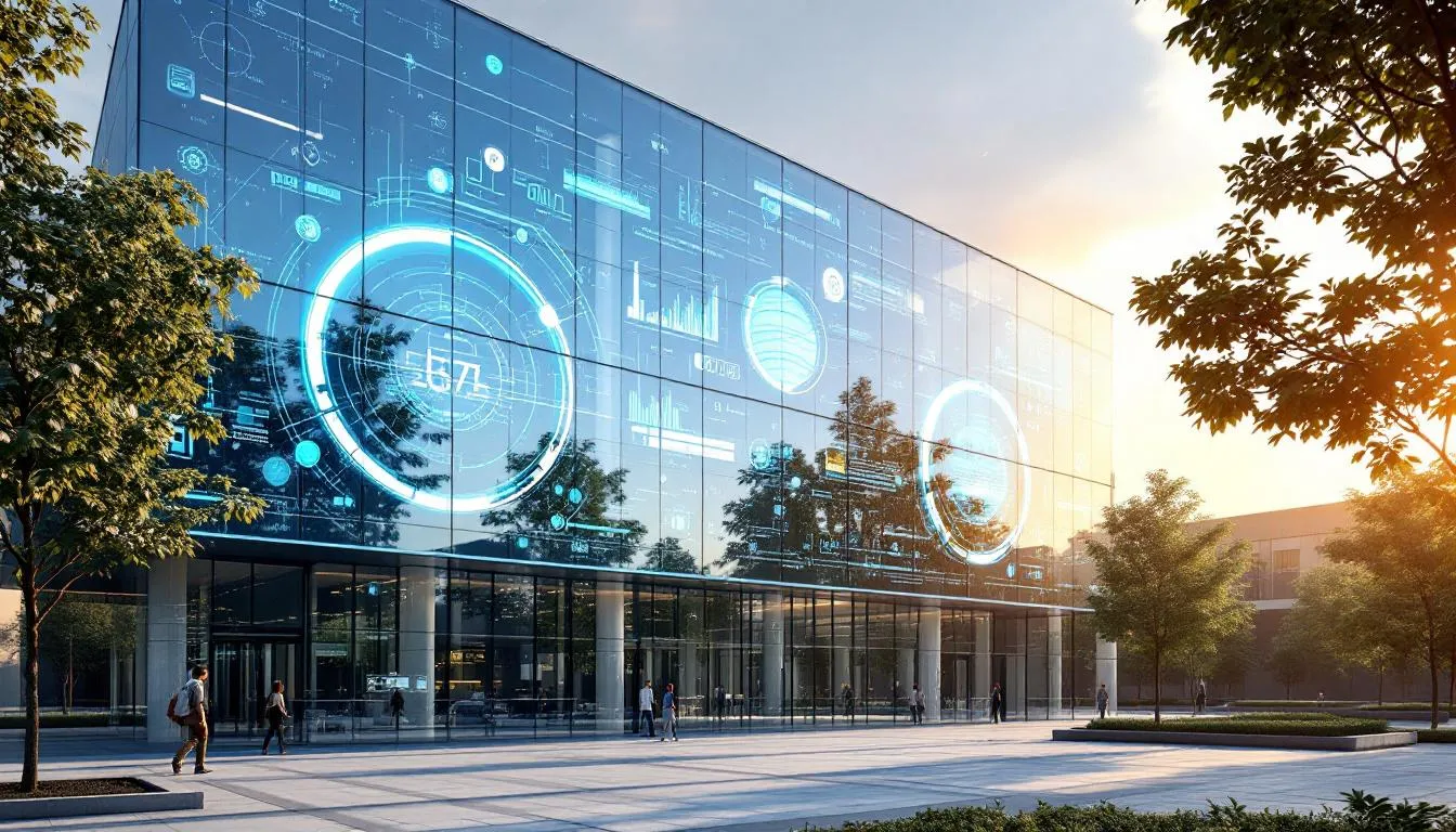 The image depicts a modern office building enhanced with digital technology overlays, illustrating the integration of artificial intelligence tools within the real estate industry. This visual representation highlights the technological transformation in commercial real estate, showcasing how AI applications can improve operational efficiency and client interactions. The image depicts a modern office building enhanced with digital technology overlays, illustrating the integration of artificial intelligence tools within the real estate industry. This visual representation highlights the technological transformation in commercial real estate, showcasing how AI applications can improve operational efficiency and client interactions.