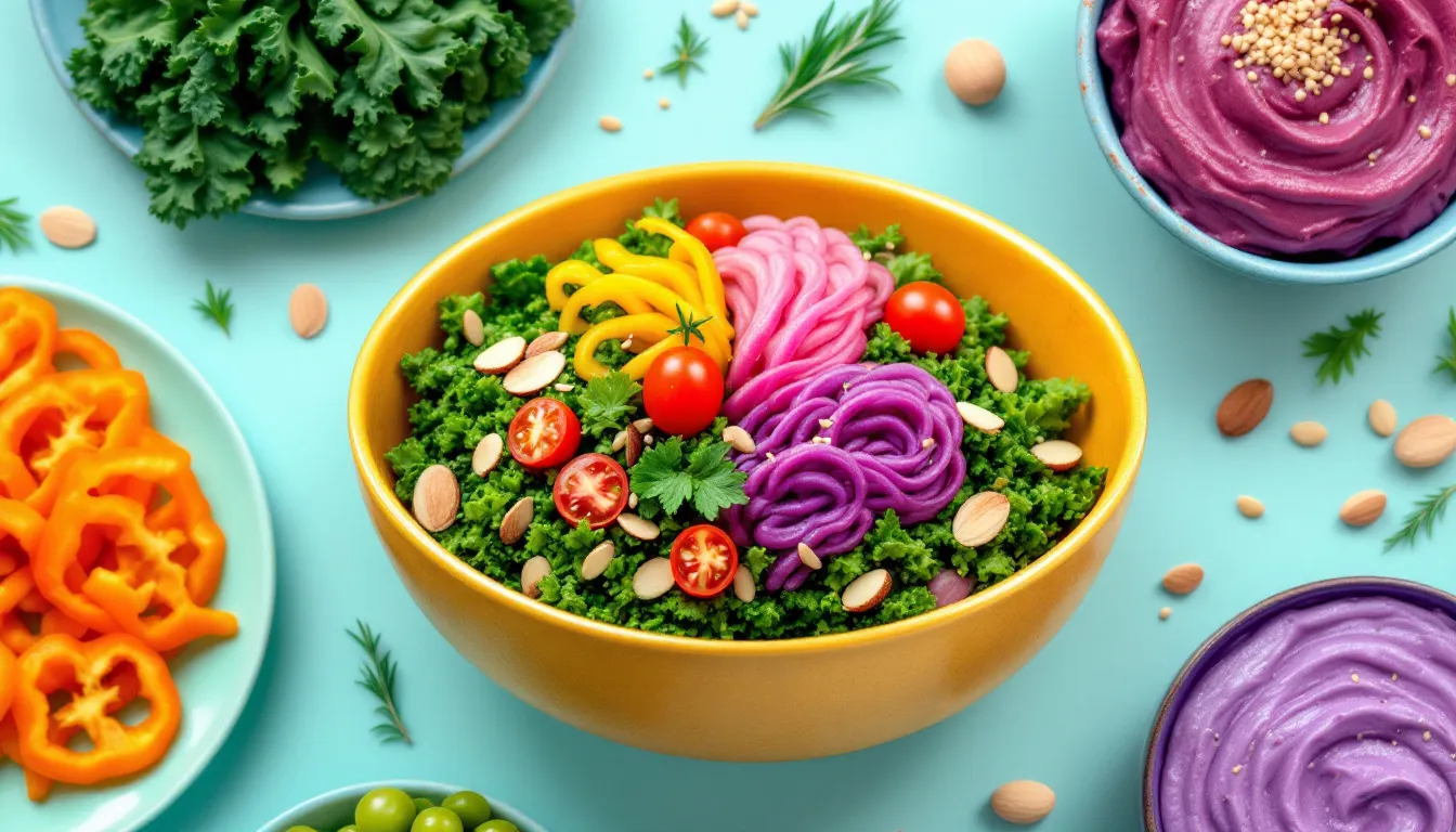 A vibrant display of various vegan foods that support brain health.