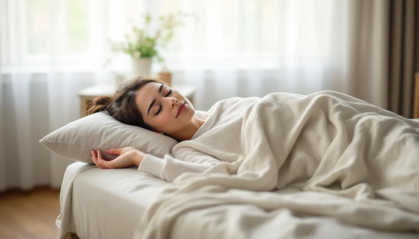 The image depicts a serene bedroom setting designed for improving sleep quality, featuring soft lighting and calming colors. It symbolizes the importance of sleep in mental health and highlights the potential benefits of dietary supplements like 5-HTP in promoting serotonin production to enhance sleep and regulate mood.