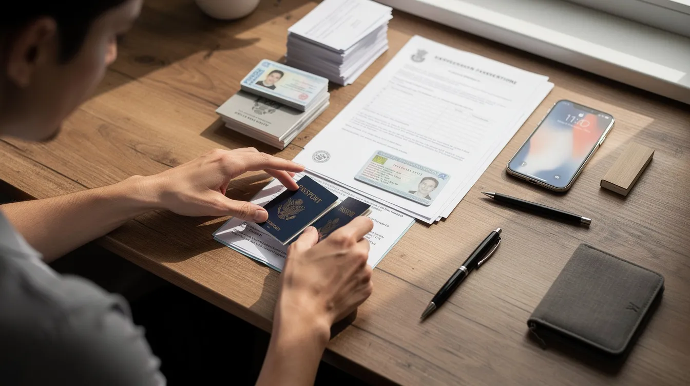 8b51bf18 4feb 4f4c 91f6 941753ad9275 The image shows a person meticulously organizing various identity documents and papers on a wooden desk, which may include items like bank statements, a PAN card, and utility bills, essential for loan applications such as the Mudra loan. This setup highlights the importance of having the correct address proof and other necessary documents for successful loan approval from financial institutions.