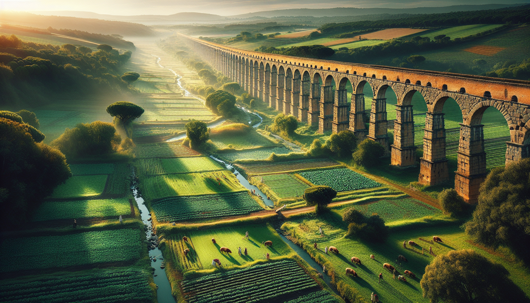 Illustration of Roman aqueducts supporting farming and irrigation