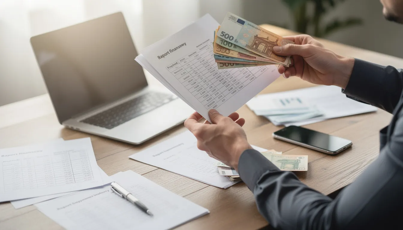 Na biurku leżą dokumenty finansowe oraz banknoty trzymane przez przedsiębiorcę, który zarządza płynnością finansową swojej firmy. W tle widać, jak działa faktoring, co może pomóc w przypadku niewypłacalności kontrahenta.