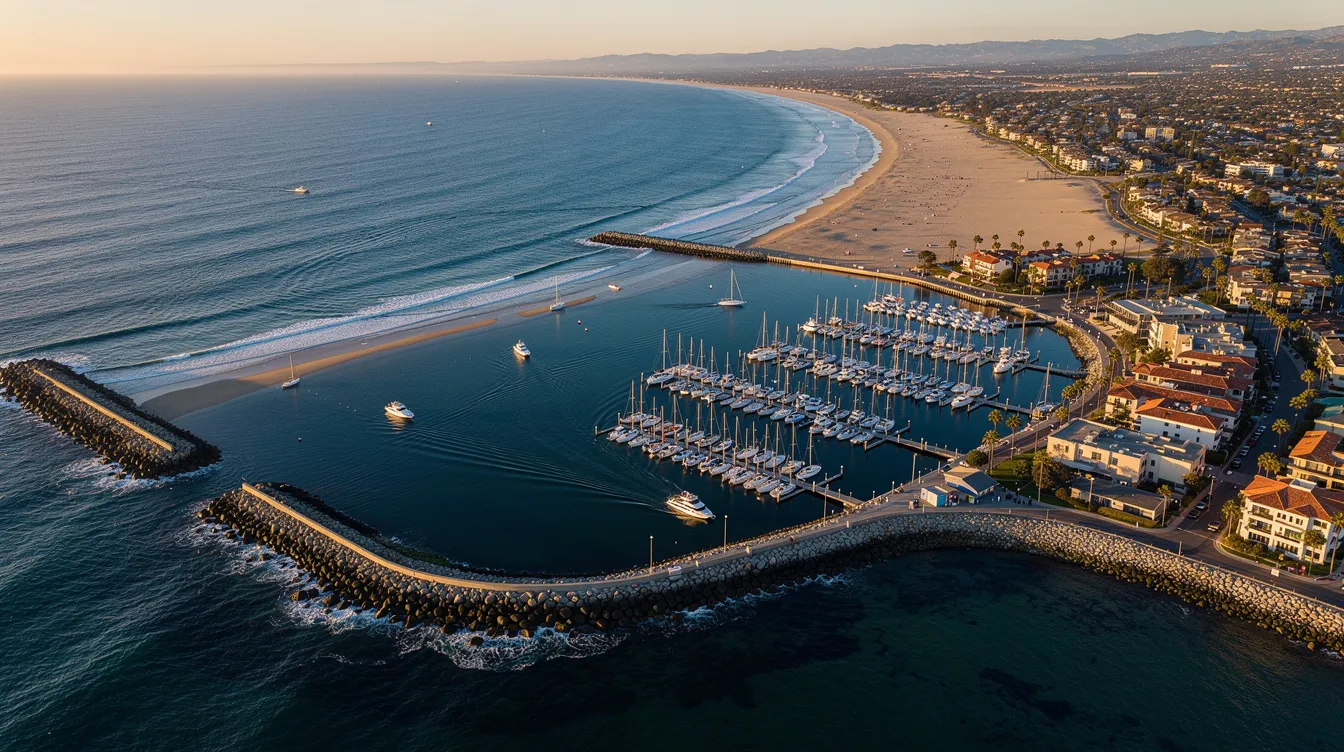 An aerial view of the Orange County coastline showcases the vibrant harbor filled with boats, surrounded by picturesque beaches and coastal homes. This scene reflects the community property state of California, where high net worth couples may navigate complex property division during the divorce process, potentially uncovering hidden assets and ensuring a fair division of marital property.