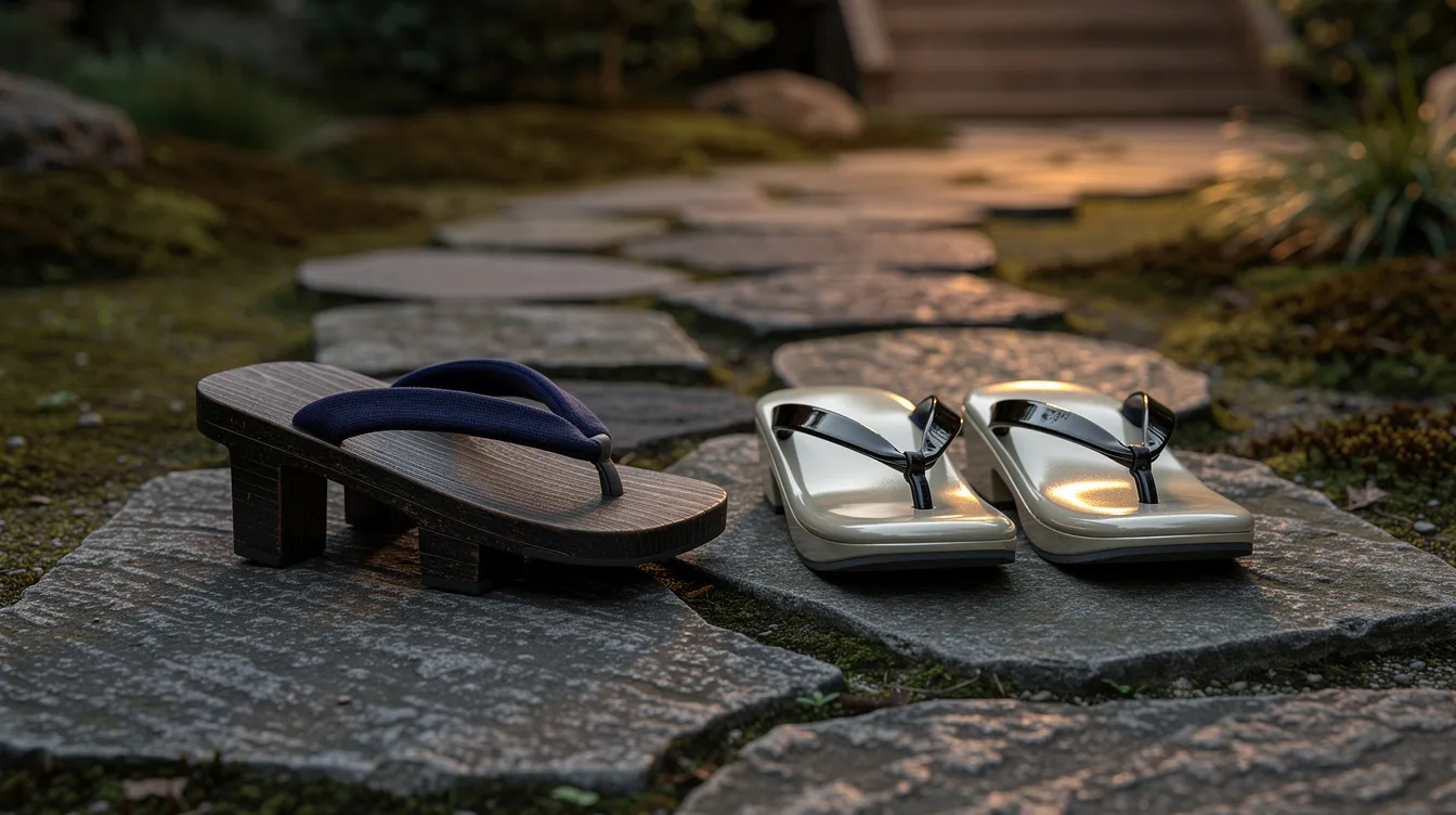 The image features a pair of traditional Japanese wooden geta sandals alongside formal zori sandals, both resting on a stone path. These footwear options are essential accessories for wearing a kimono, reflecting the elegance of Japanese culture and formal styles.