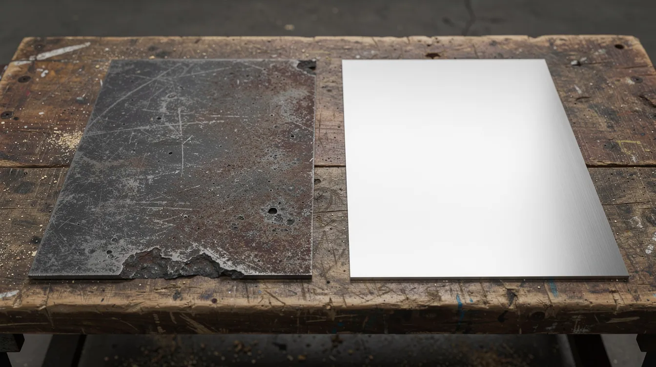 The image shows a side-by-side comparison of a dark, rough hot rolled steel plate next to a bright, smooth cold rolled steel sheet on a workbench, highlighting the differences in surface finish and texture between the two types of rolled steel. The hot rolled steel exhibits a scaled surface with imperfections, while the cold rolled steel offers tighter dimensional tolerances and a more aesthetically pleasing finish, suitable for precision applications.